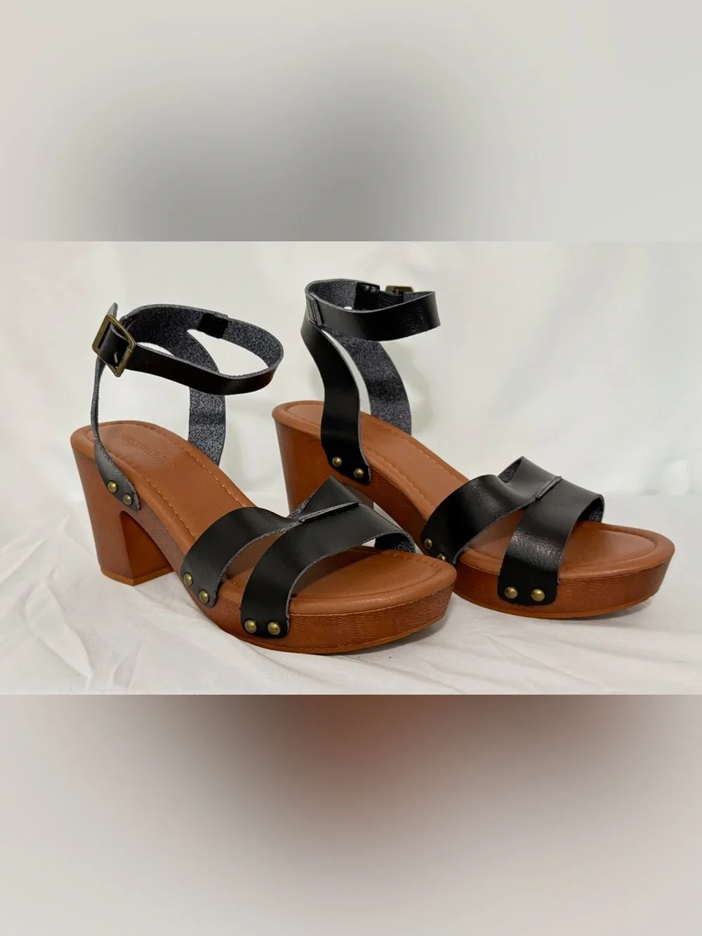 Black Leather Ankle-Strap Wedge Sandals